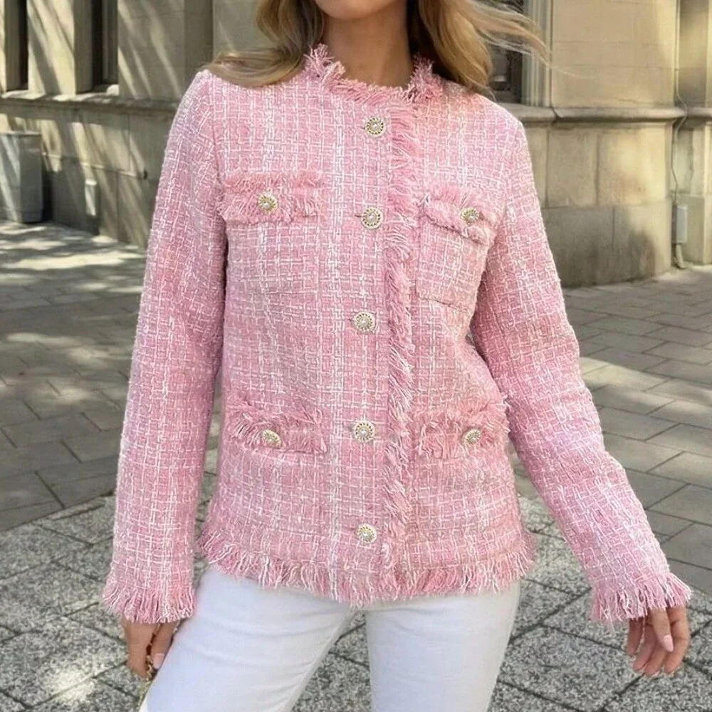 Pink Elegant Women's Tassel Fitted Jacket - Picture 7 of 10